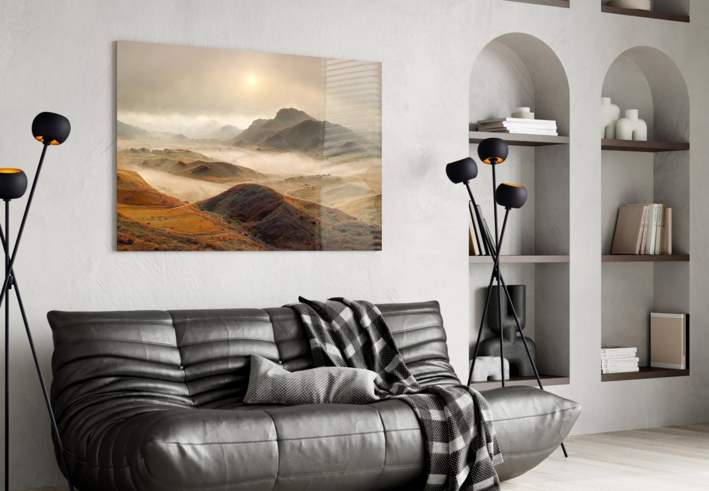 Golden Highland Mountains Glass Wall Art, Misty Ridge Landscape