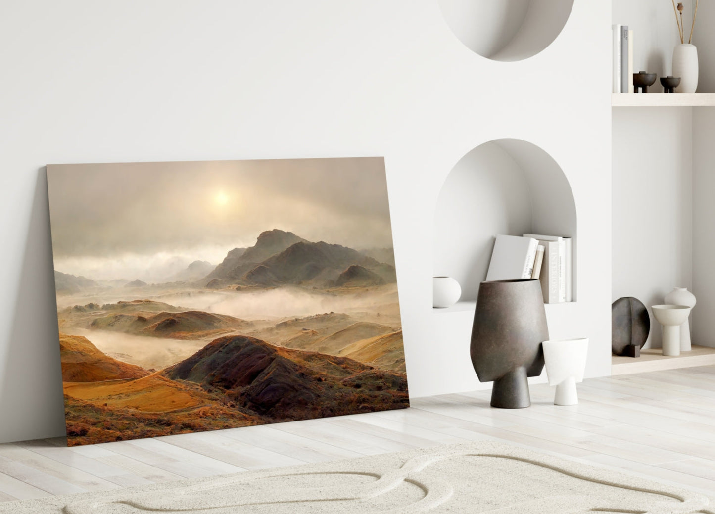 Golden Highland Mountains Glass Wall Art, Misty Ridge Landscape