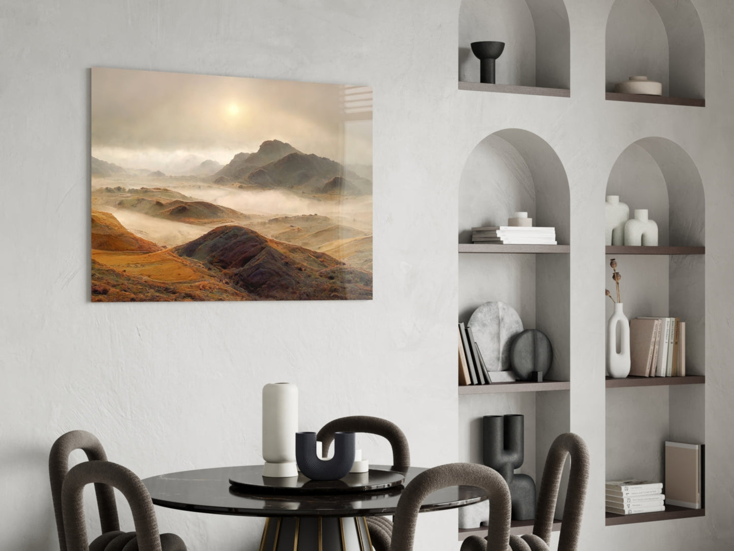 Golden Highland Mountains Glass Wall Art, Misty Ridge Landscape