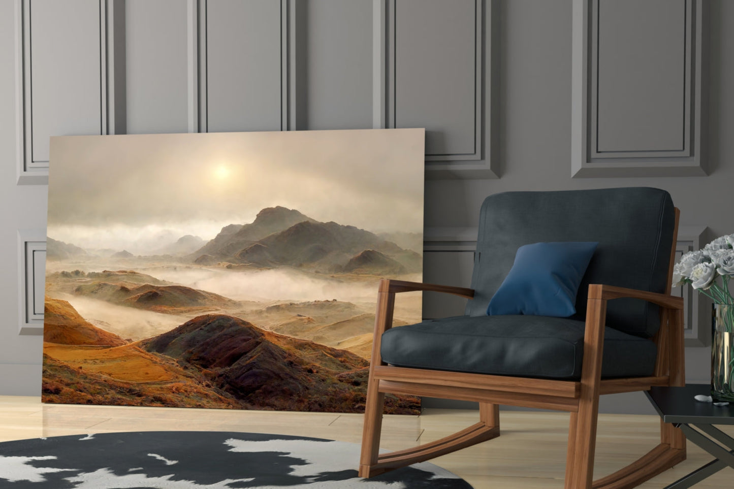 Golden Highland Mountains Glass Wall Art, Misty Ridge Landscape