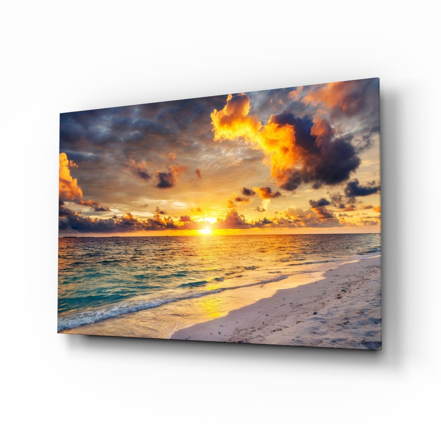 Maldives sunset lagoon glass wall art