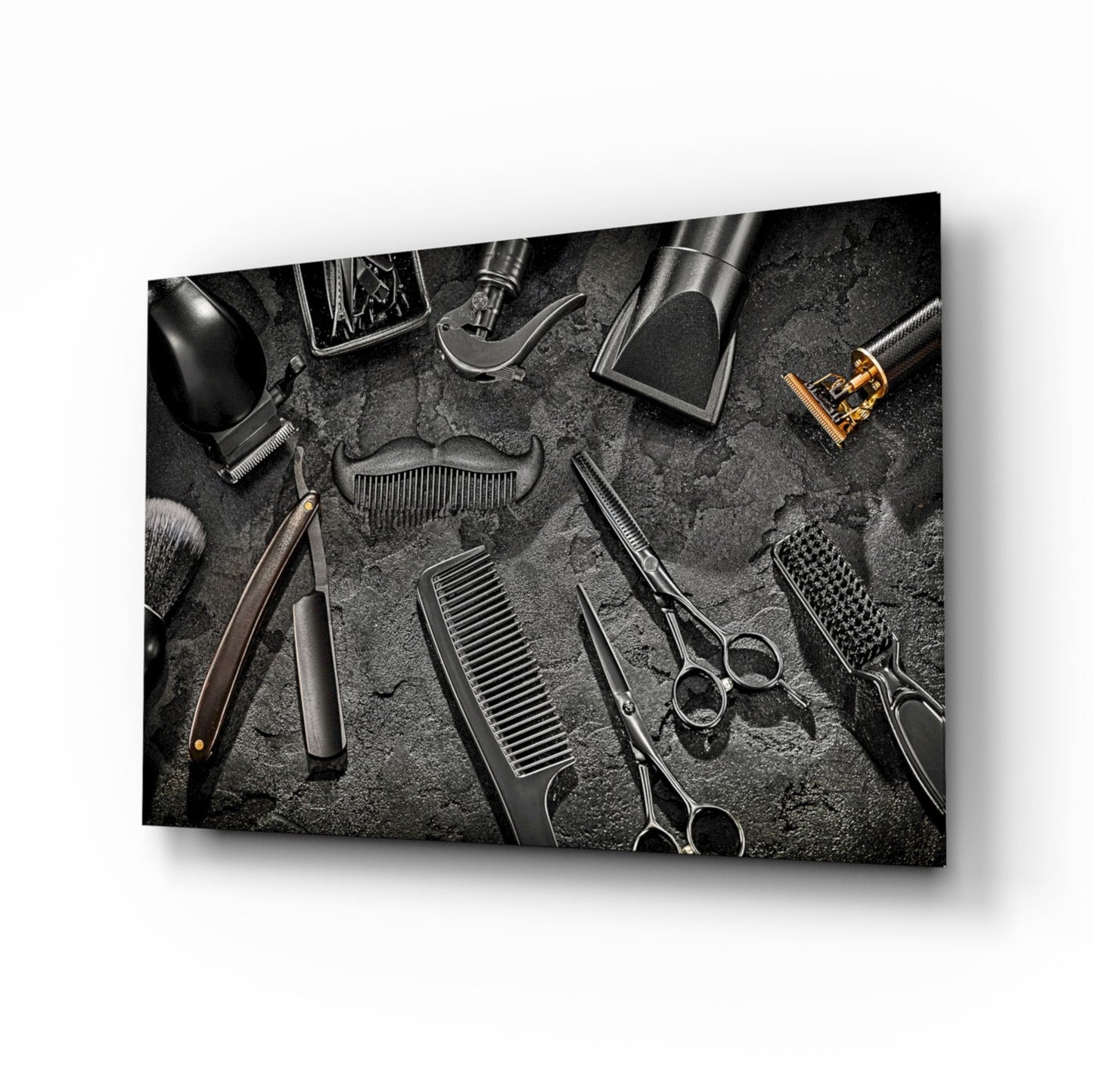 The Art of Barbering glass wall art grooming tools flat-lay