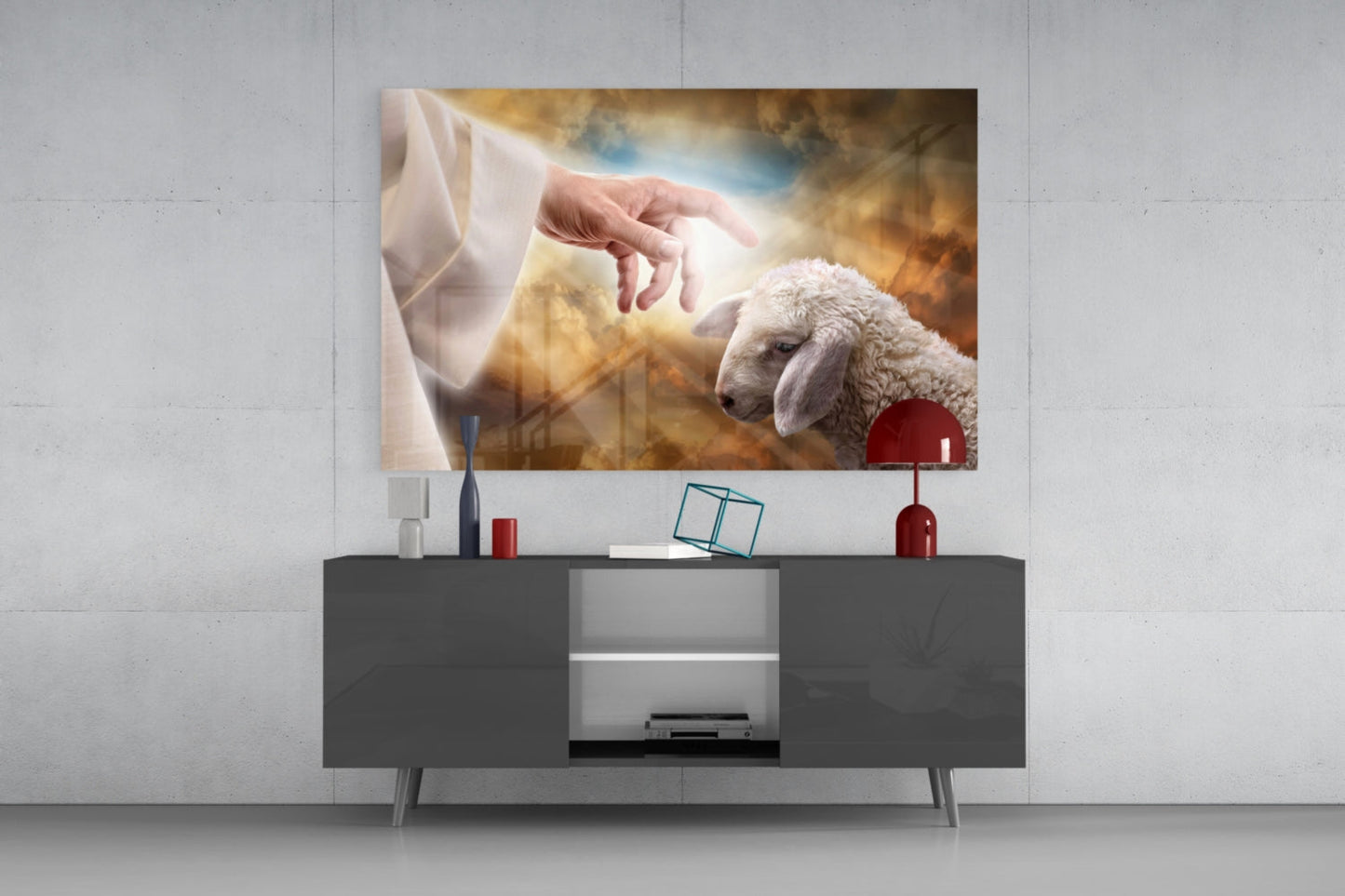 God's Hand and the Sheep Glass Wall Art