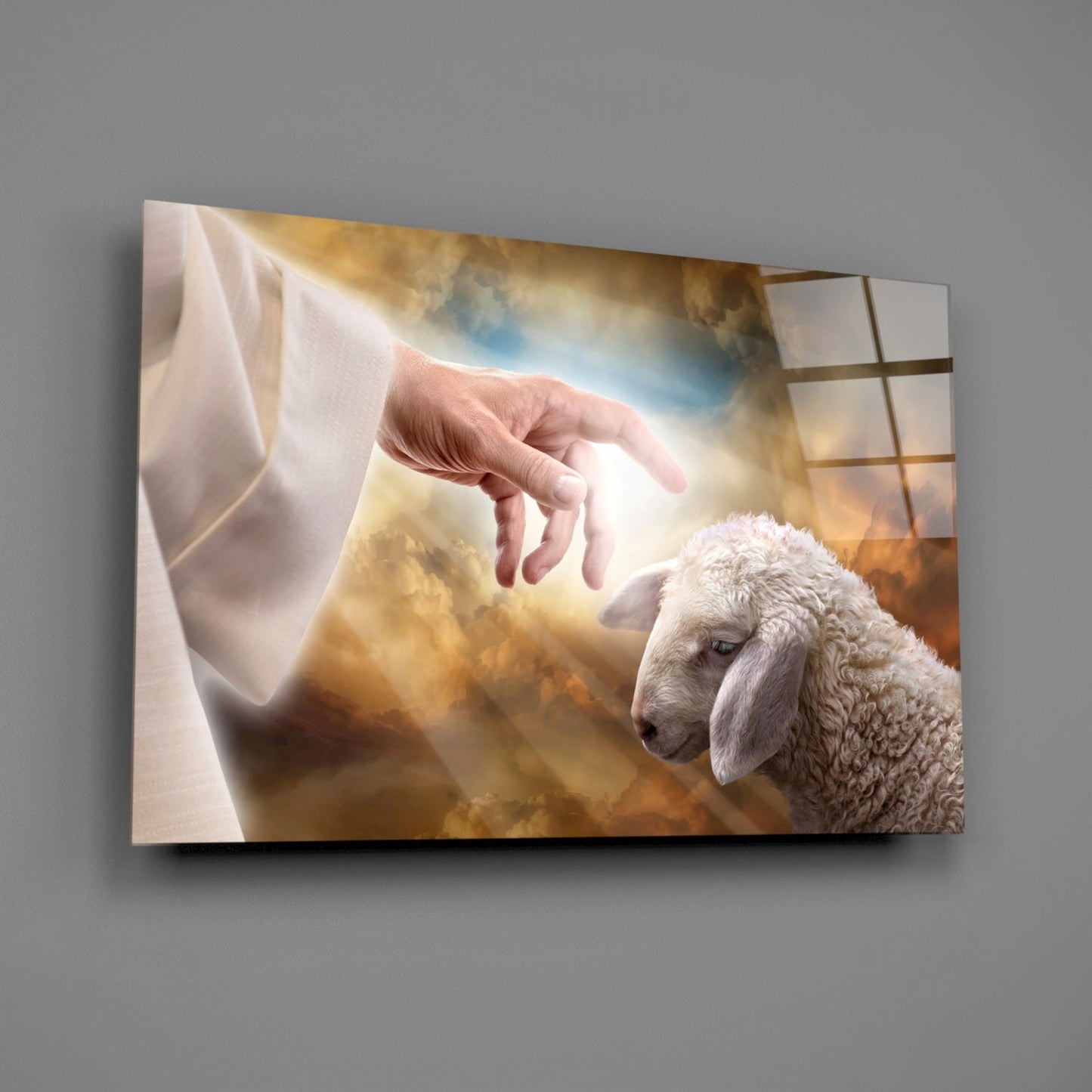 God's Hand and the Sheep Glass Wall Art