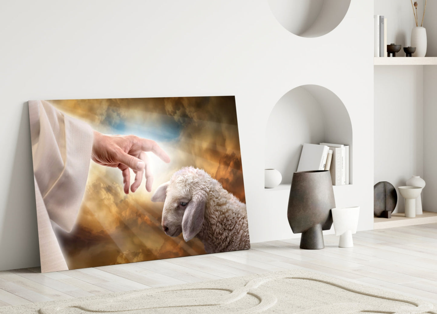 God's Hand and the Sheep Glass Wall Art