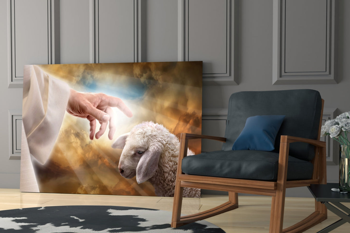God's Hand and the Sheep Glass Wall Art