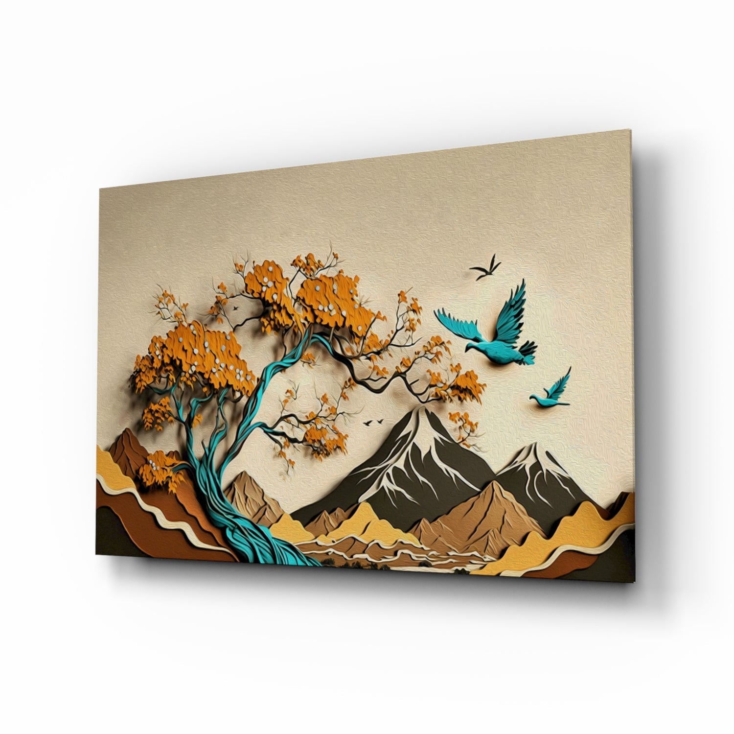 Paper cut landscape tree of life glass wall art