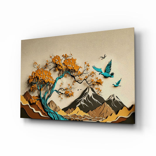 Paper cut landscape tree of life glass wall art