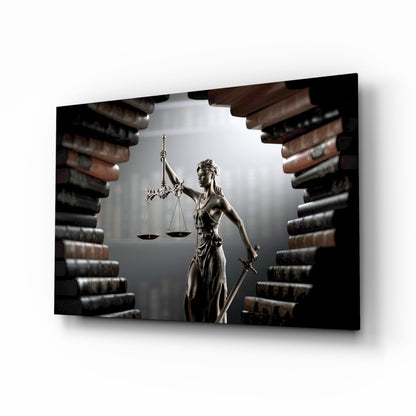 Justice glass wall art featuring Lady Justice statue