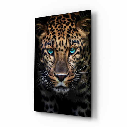 Blue-eyed leopard portrait glass wall art, photoreal big cat with turquoise eyes on tempered glass