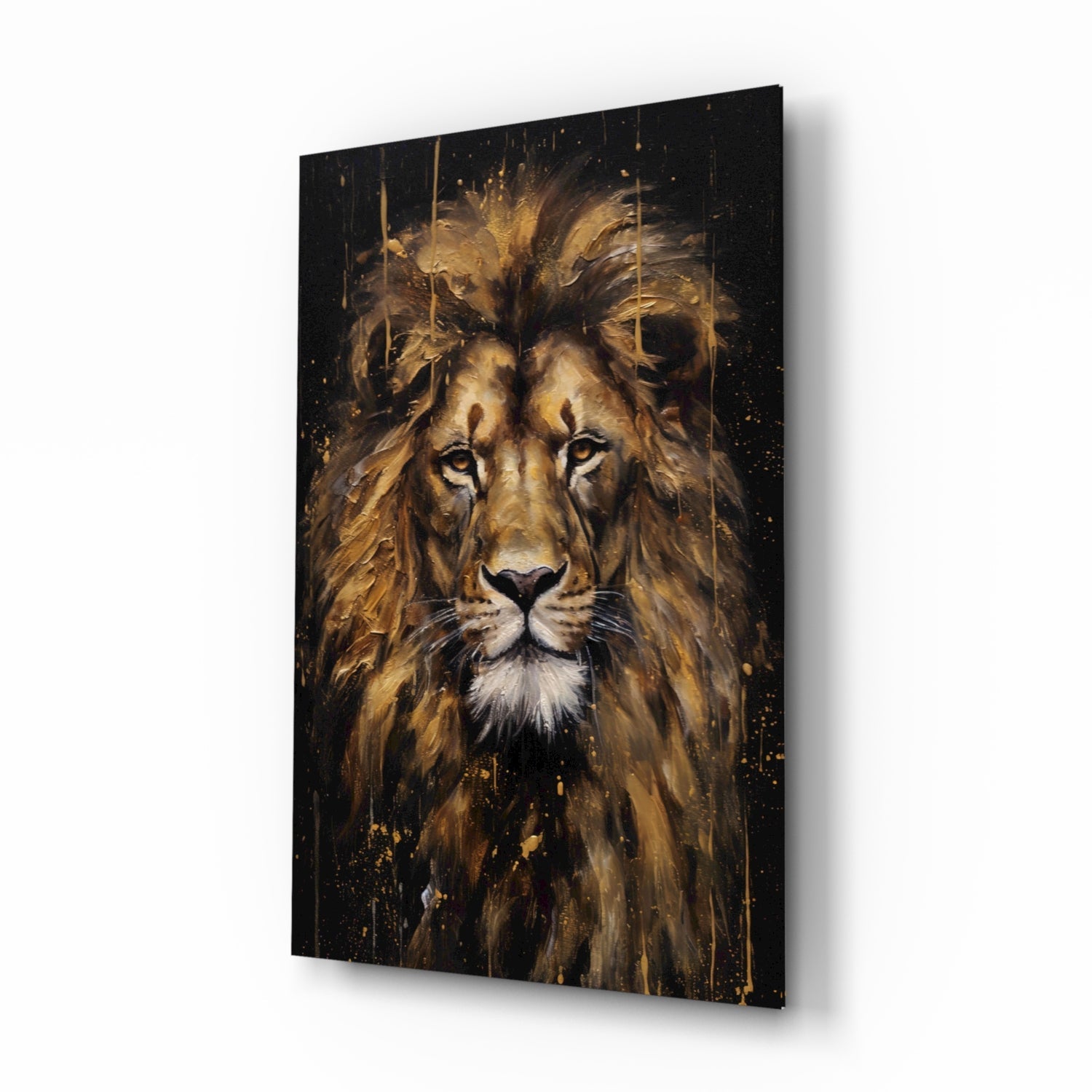 Golden lion portrait glass wall art