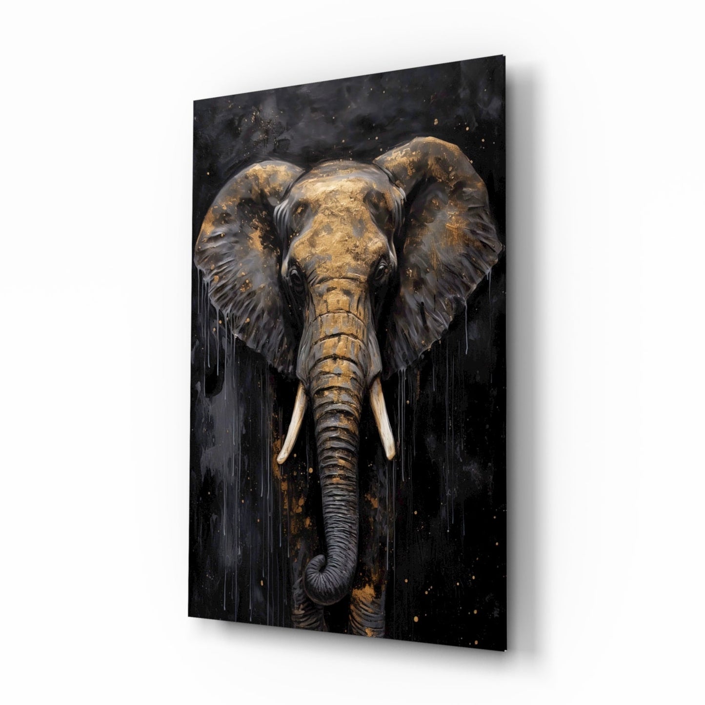 Gold elephant luxury portrait glass wall art gold leaf impasto tempered glass