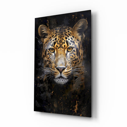 Amber-eyed leopard portrait glass wall art