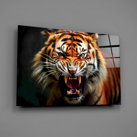 Snarling tiger face glass wall art angled on a plain gray wall