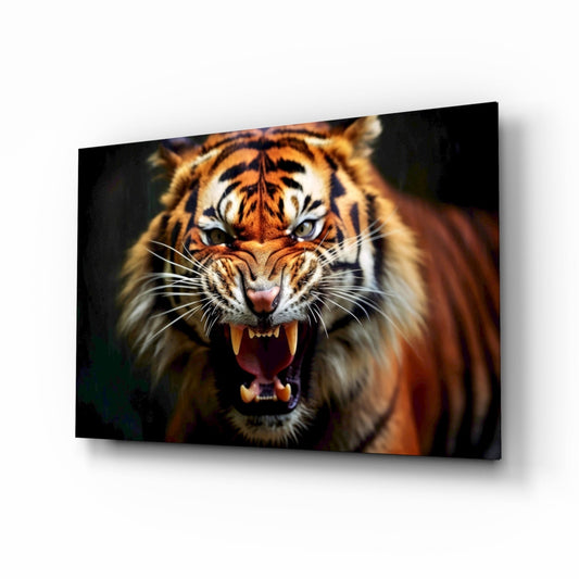 Snarling tiger face with bared fangs, orange and black stripes and amber eyes on a dark background, printed on glass