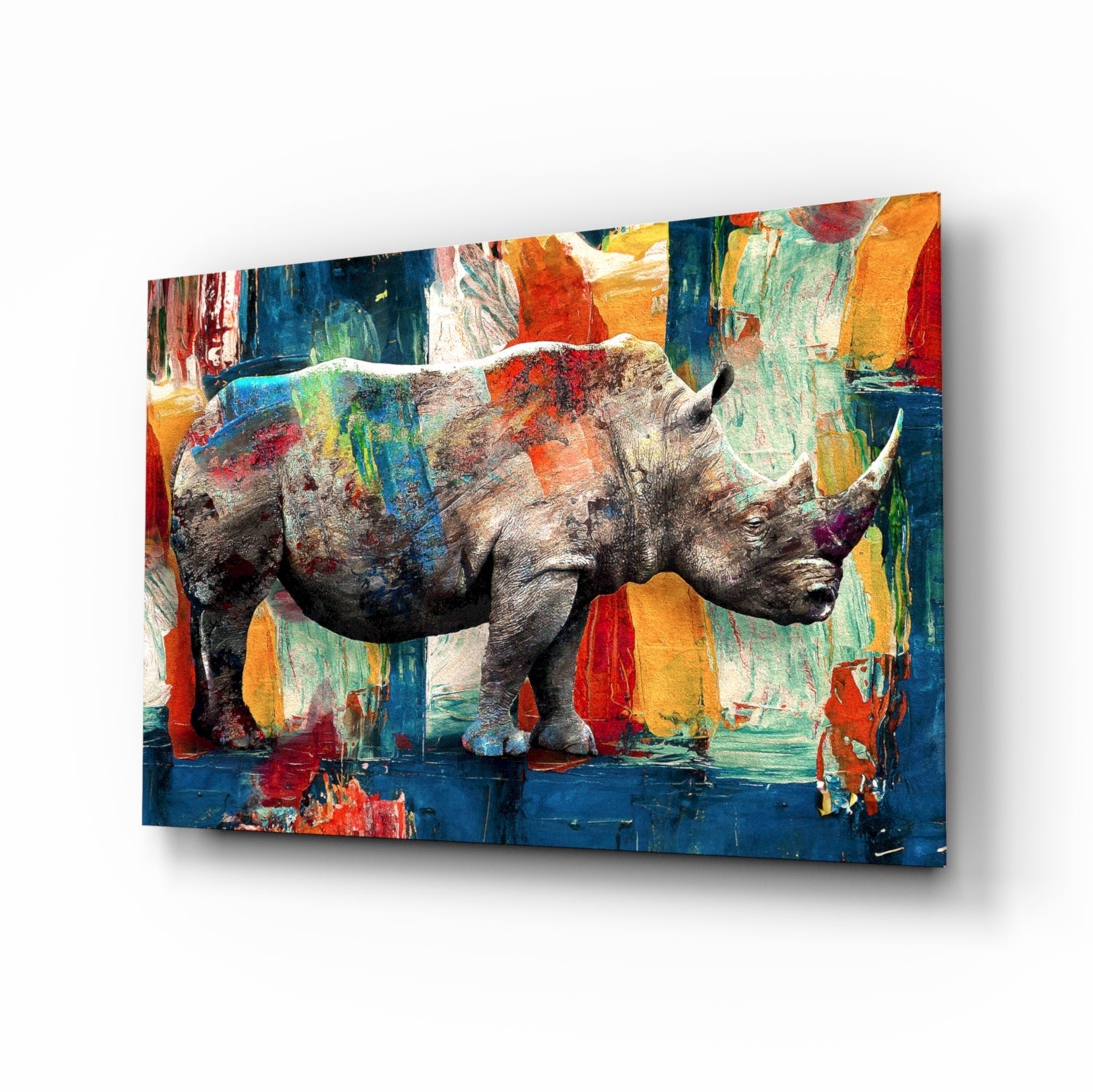 Colorful expressionist rhino on painterly field, glass wall art