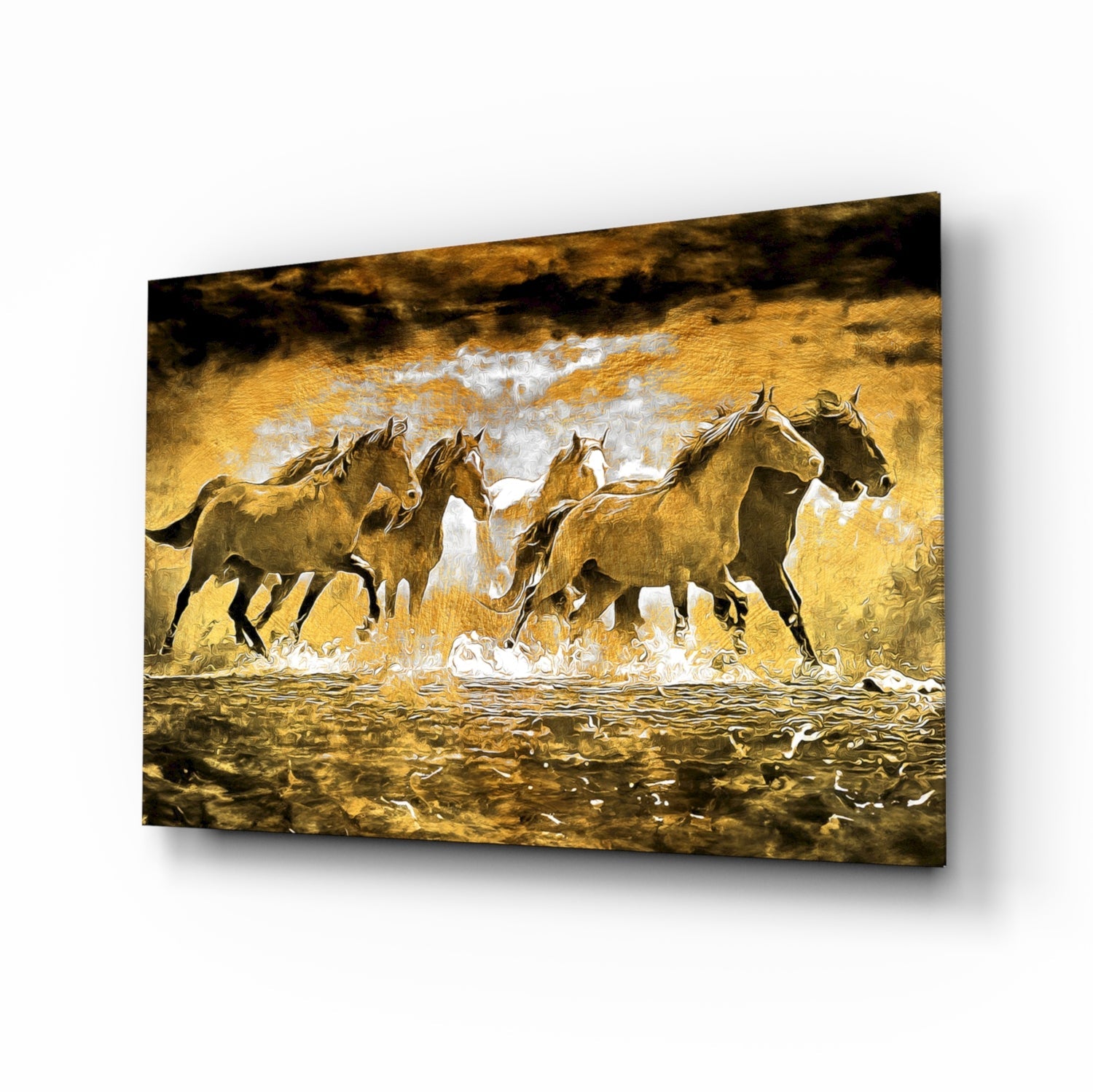 Galloping horse herd glass wall art