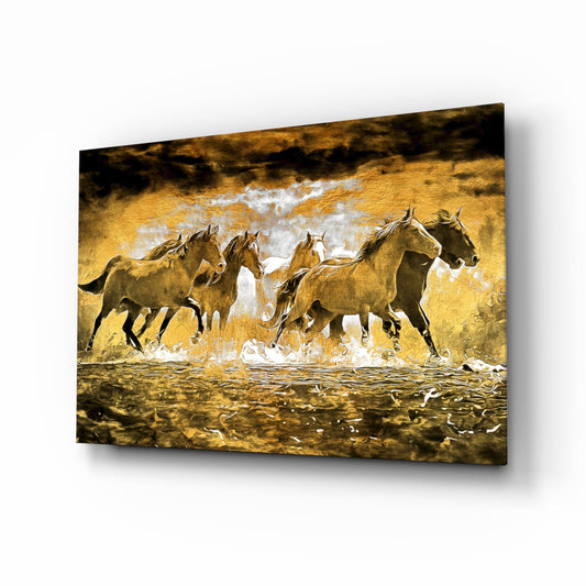 Galloping horse herd glass wall art