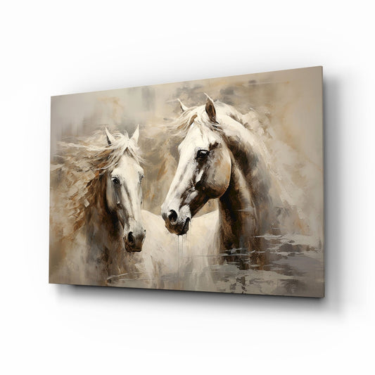 Two white stallions glass wall art