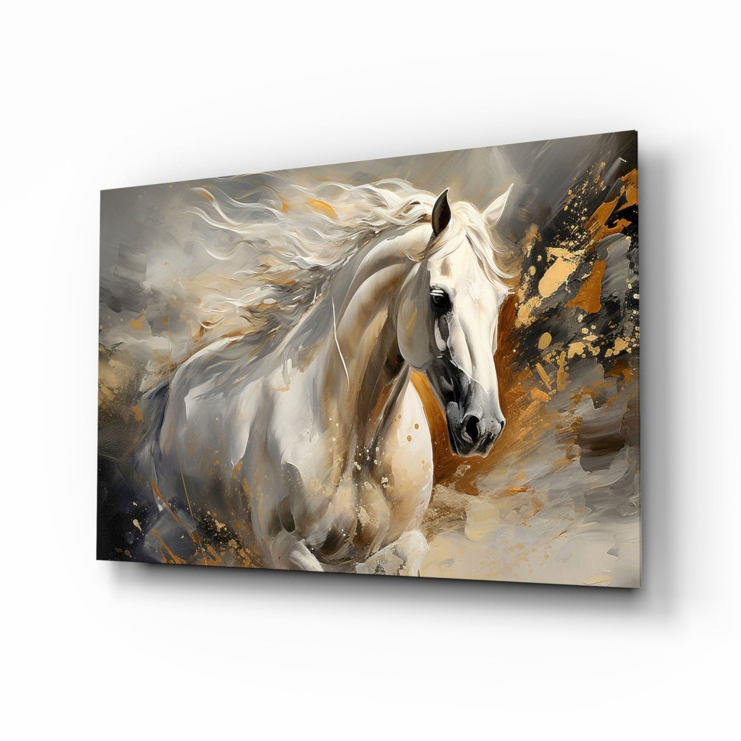 Gold splatter horse glass wall art