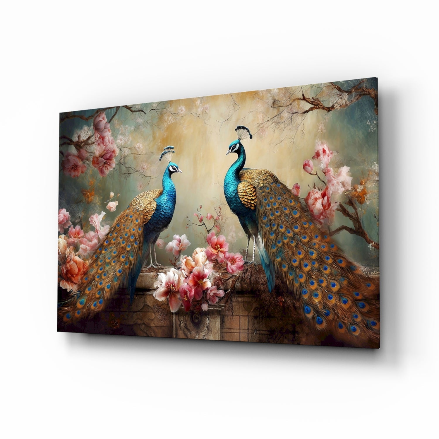 Peacock pair glass wall art