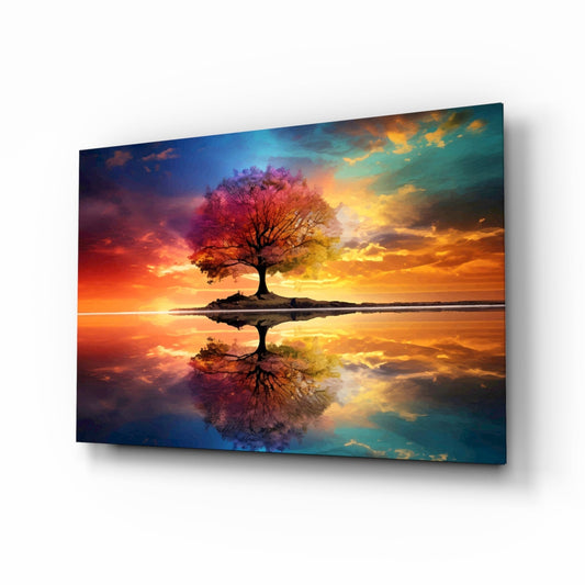 Rainbow Tree of Life glass wall art with sunset sky mirrored on a lake, on tempered glass