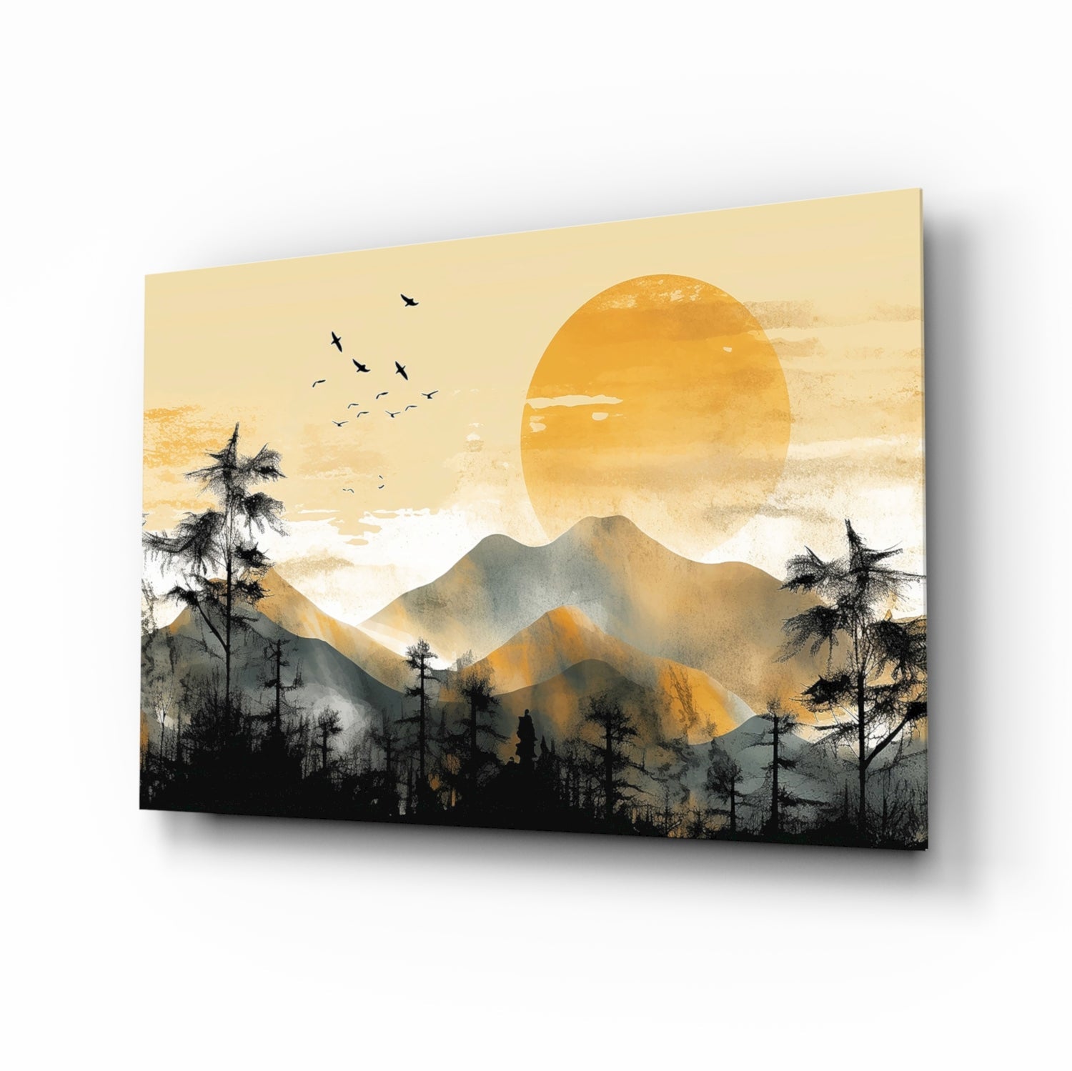 Nature View glass wall art with stylized mountain dawn