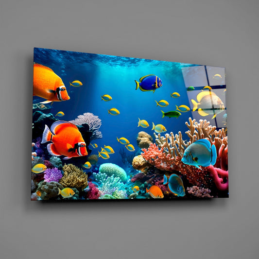 Tropical reef glass wall art on a gray wall, light reflecting off the glossy front