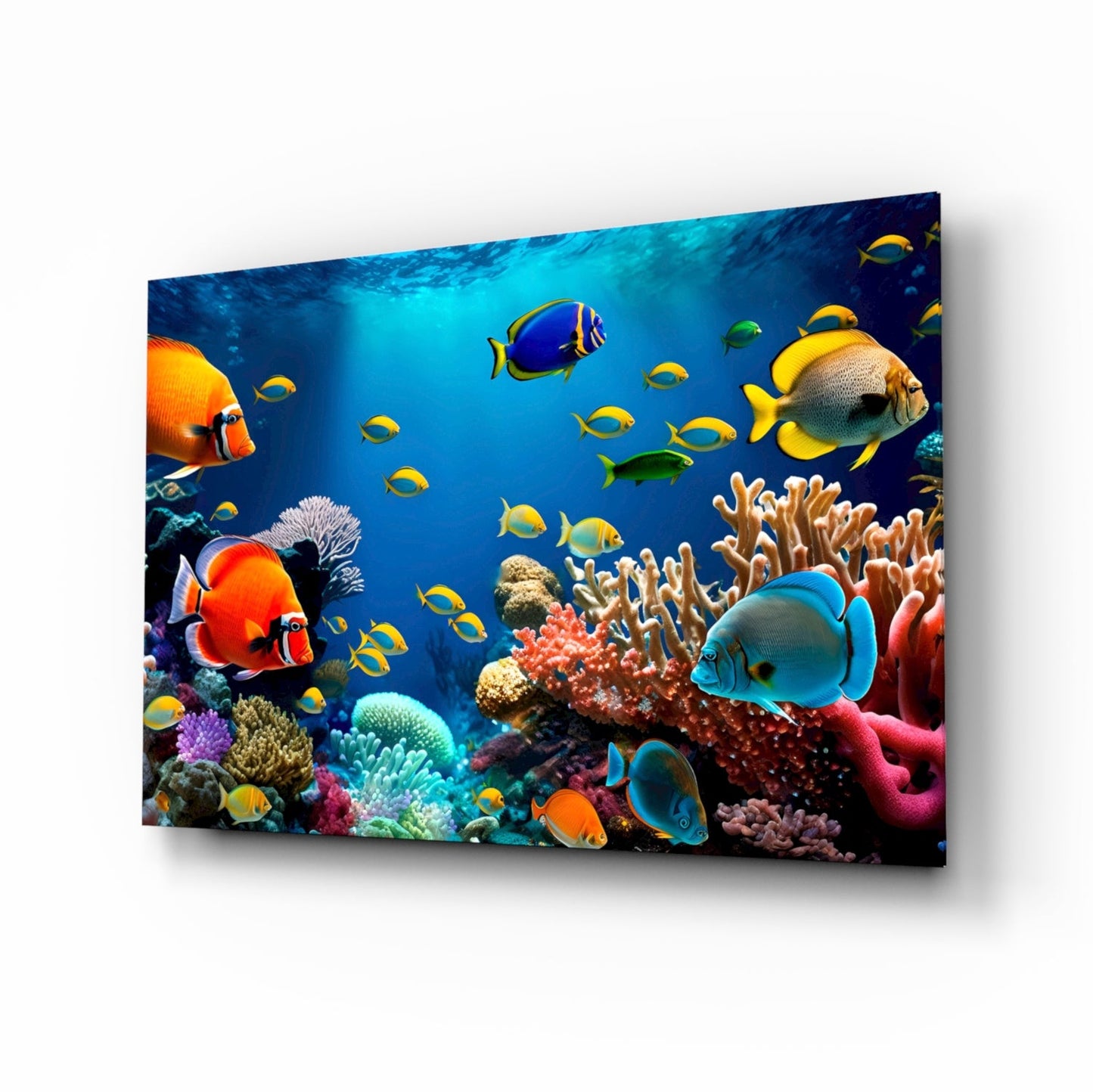 Ocean Life glass wall art with a vibrant coral reef scene