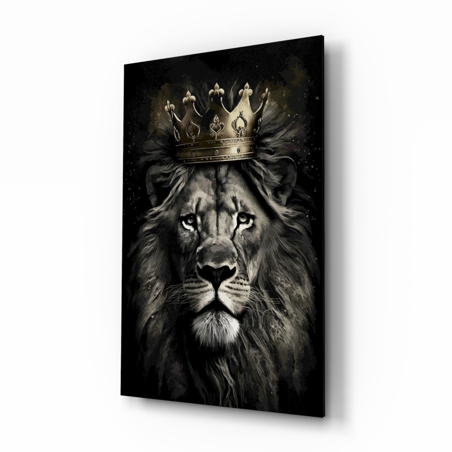 Crowned lion king portrait glass wall art gold crown black and white tempered glass