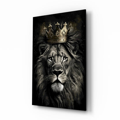 Crowned lion king portrait glass wall art gold crown black and white tempered glass
