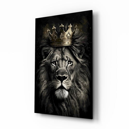 Crowned lion king portrait glass wall art gold crown black and white tempered glass