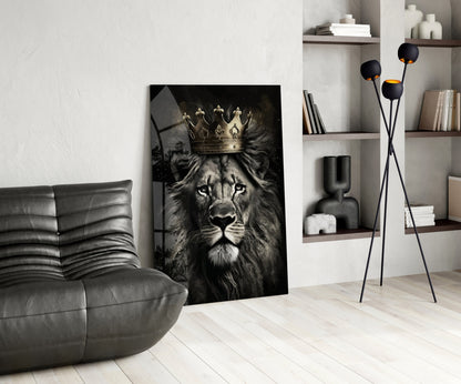 Crowned Lion King Portrait Glass Wall Art