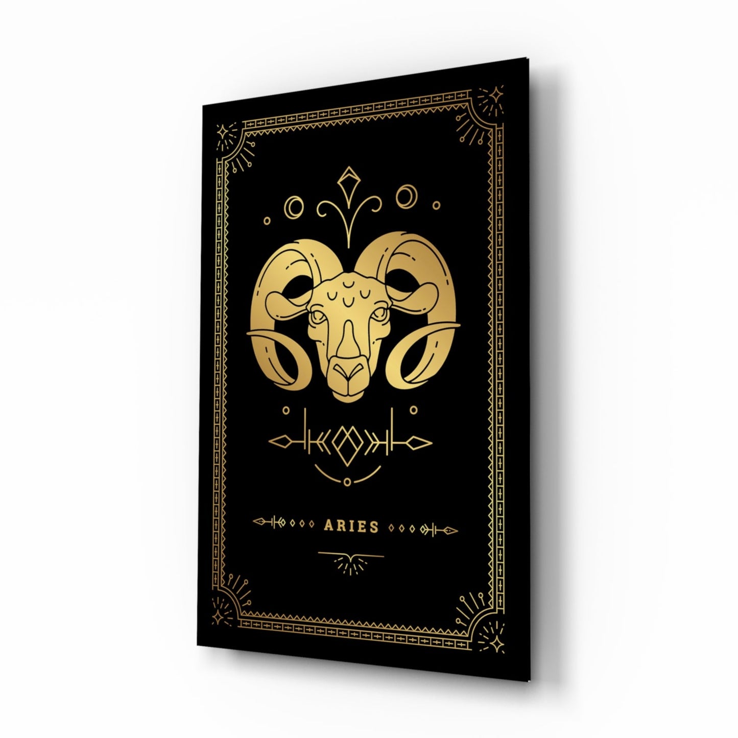 Aries zodiac gold tarot-card glass wall art in a bedroom