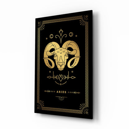 Aries zodiac gold tarot-card glass wall art in a bedroom