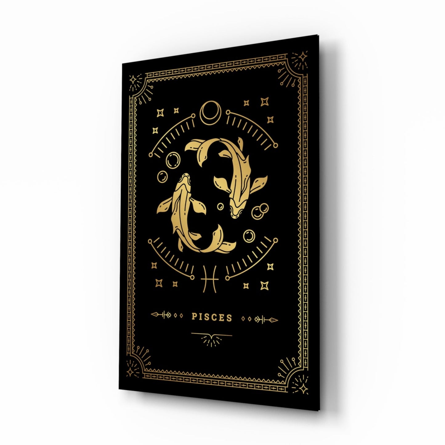 Pisces zodiac gold tarot-card glass wall art in a bedroom