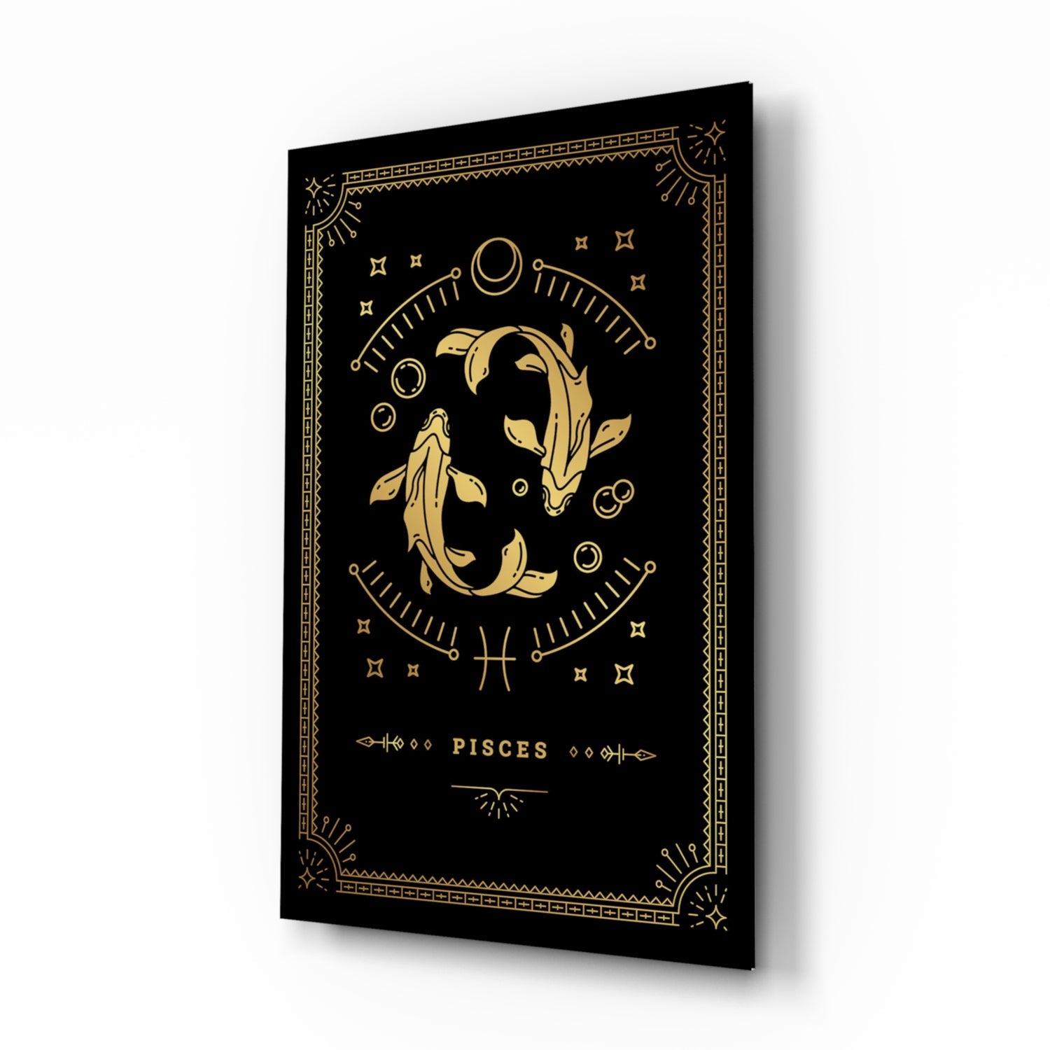 Pisces zodiac gold tarot-card glass wall art in a bedroom