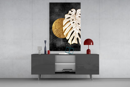 Gold Moon Monstera Glass Wall Art