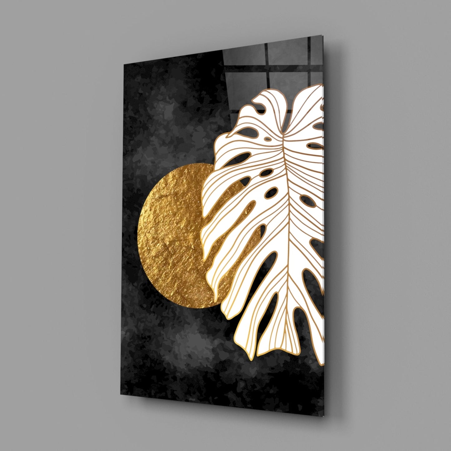 Gold Moon Monstera Glass Wall Art