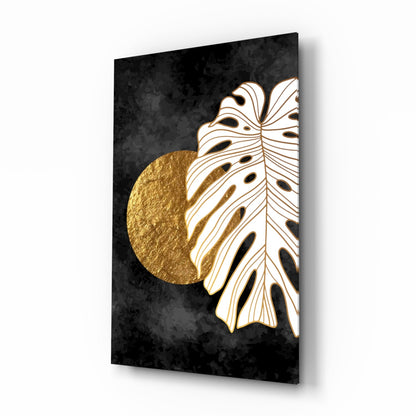 Gold moon monstera glass wall art