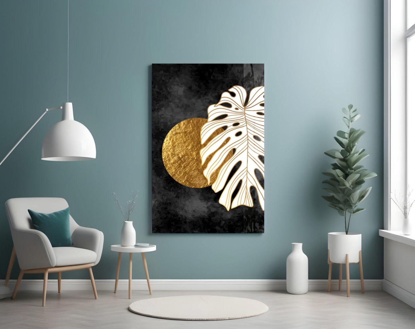 Gold Moon Monstera Glass Wall Art