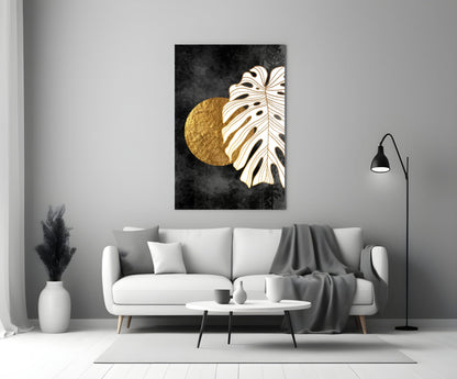 Gold Moon Monstera Glass Wall Art