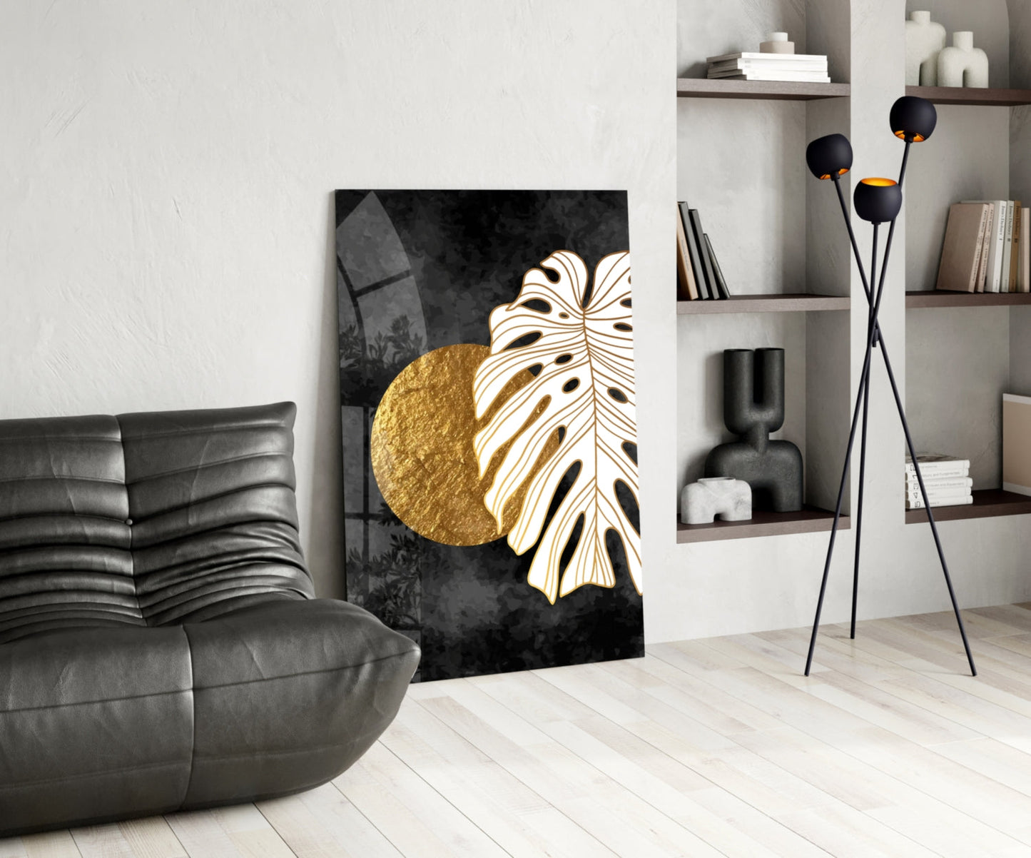 Gold Moon Monstera Glass Wall Art