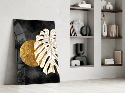 Gold Moon Monstera Glass Wall Art