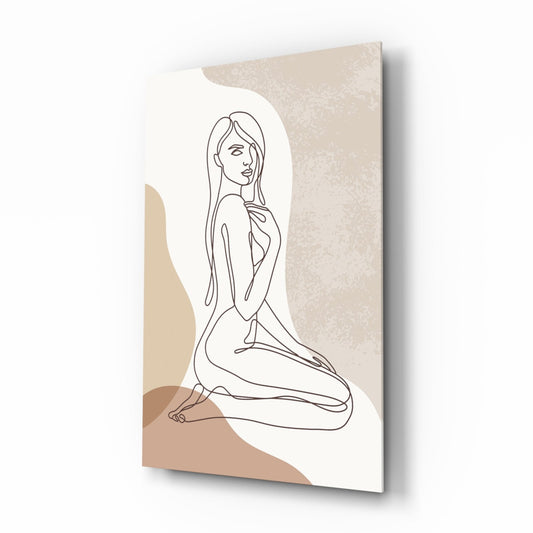 Single line drawing of a kneeling nude woman with long hair over cream, beige and blush shapes, printed on glass, angled view