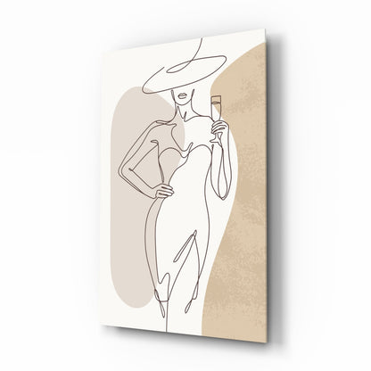Line art woman in a wide hat and fitted dress raising a wine glass over beige and sand shapes, glass wall art