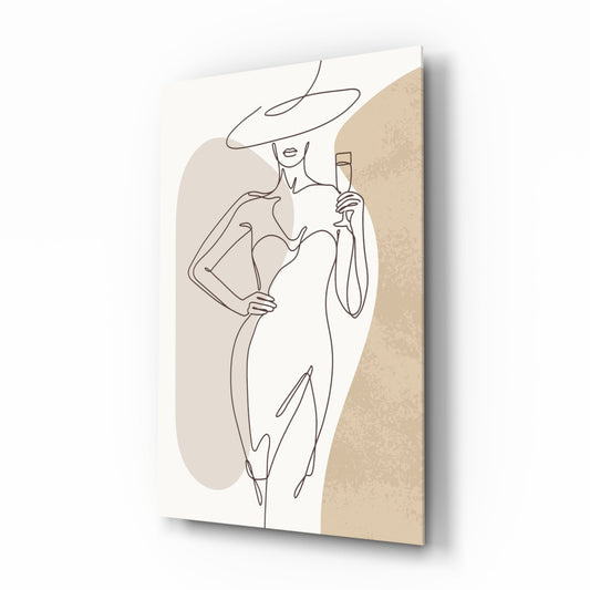 Line art woman in a wide hat and fitted dress raising a wine glass over beige and sand shapes, glass wall art