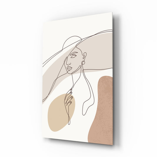 Line art woman in a wide sun hat with a drop earring over beige, sand and clay shapes, glass wall art