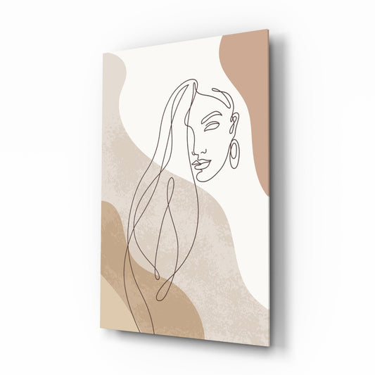 Line art woman glass wall art: a black line drawing of a woman with long flowing hair over sand and blush shapes