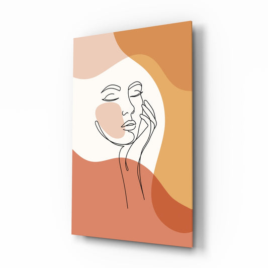 Single line drawing of a woman's face with eyes closed and hand on her cheek over terracotta, peach and cream shapes